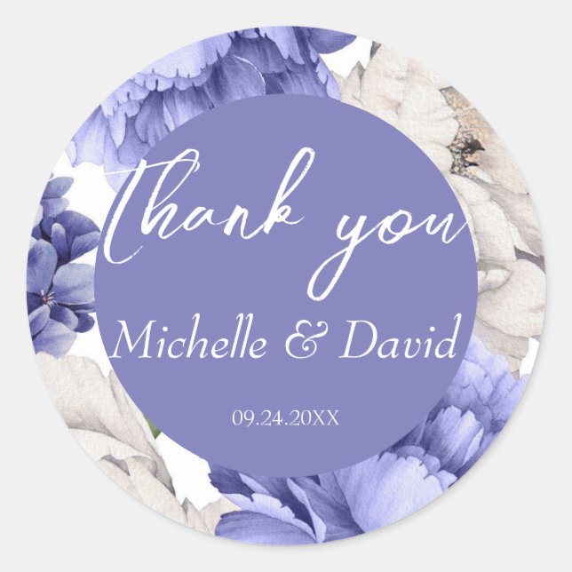 White And Blue Peony Florals Wedding Classic Round Sticker (Front)