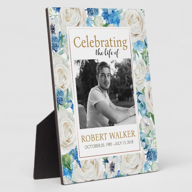  White and blue Photo Funeral Memorial Sign Plaque (Side)