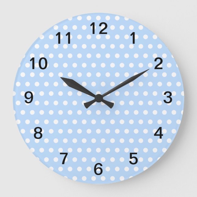 White and Blue Polka Dot Pattern. Spotty. Large Clock (Front)