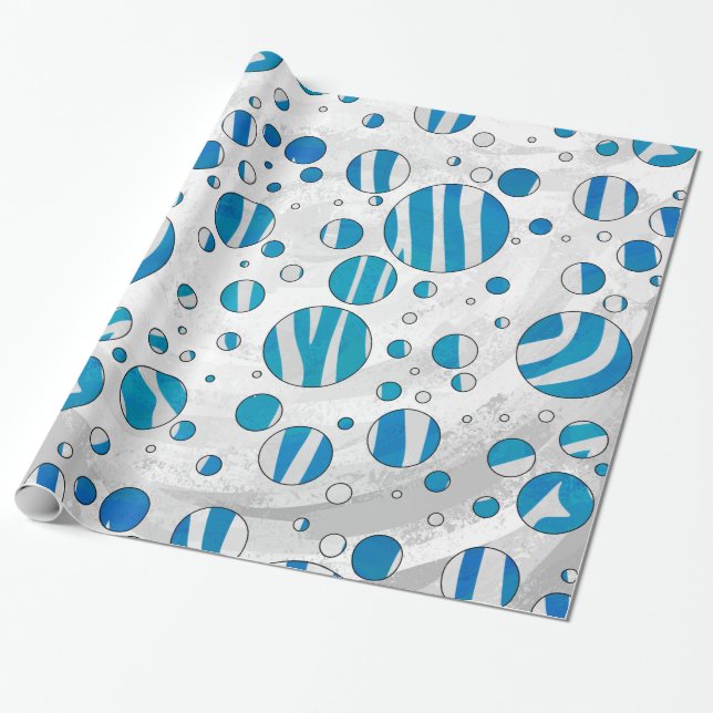 White and Blue Polka Dot Zebra Wrapping Paper (Unrolled)