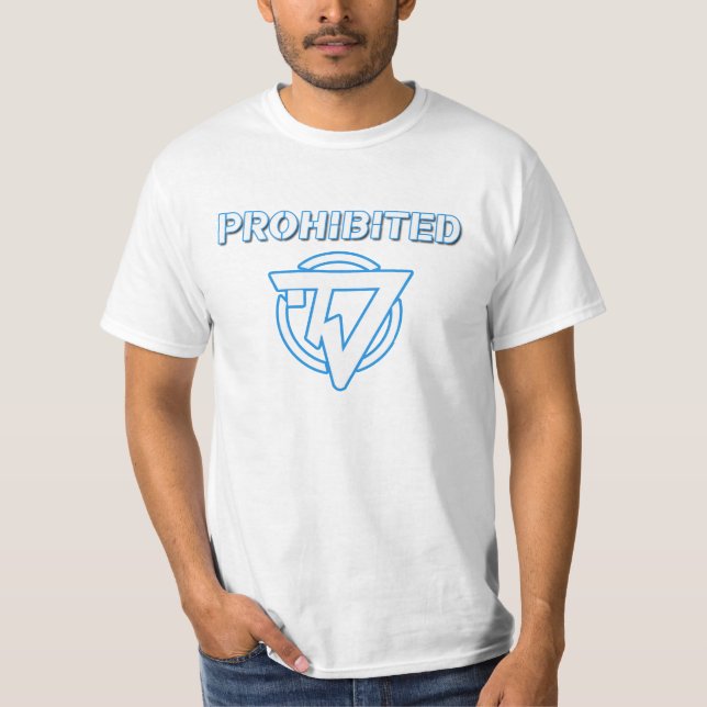White and Blue "Prohibited" on Black T-Shirt (Front)