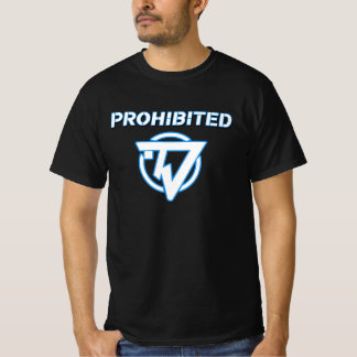 White and Blue "Prohibited" on Black T-Shirt
