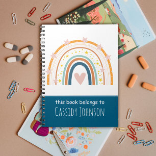 White and blue rainbow kids name notebook