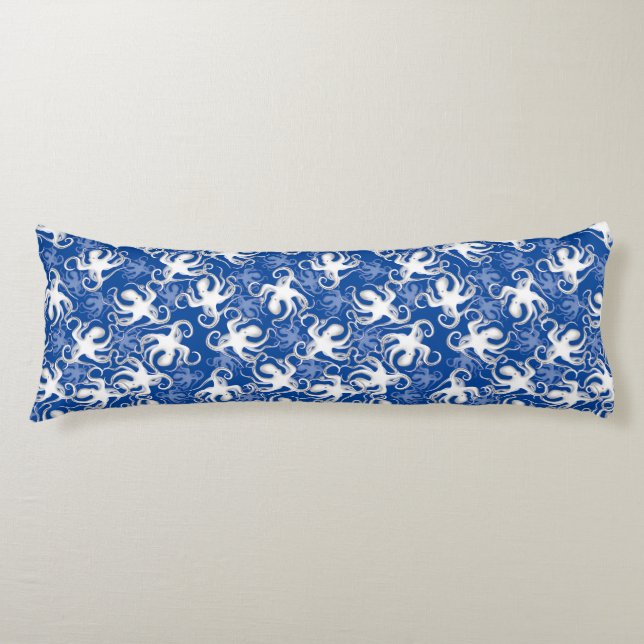 White And Blue Repeating Motif | Octopus Pattern Body Cushion (Front)
