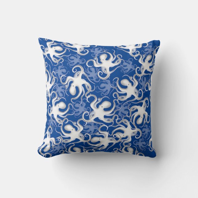White And Blue Repeating Motif | Octopus Pattern Cushion (Front)