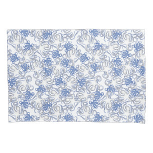 White And Blue Repeating Motif Octopus Pattern Pillowcase
