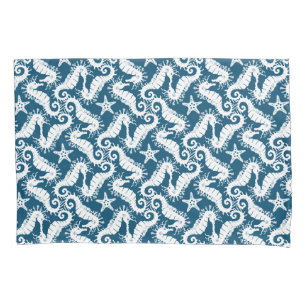 White And Blue Repeating Motif Seahorse Pattern Pillowcase