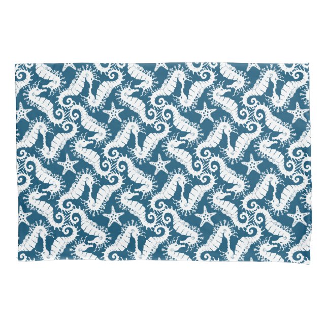 White And Blue Repeating Motif | Seahorse Pattern Pillowcase (Front)