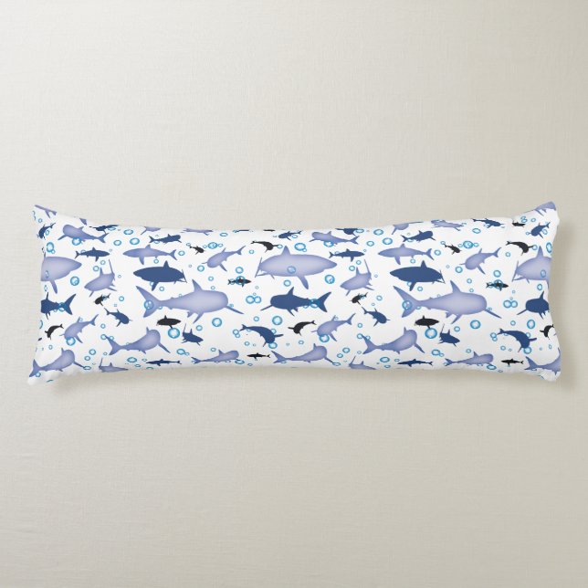 White And Blue Repeating Motif | Shark Pattern Body Cushion (Front)