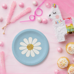 White and Blue Retro Modern Daisy Flower  Paper Plate