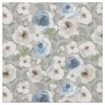 White and Blue Roses Fabric