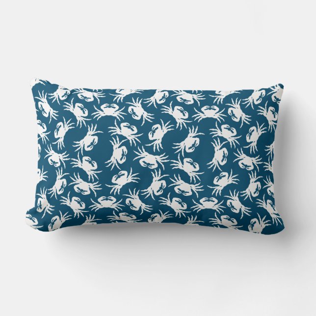 White and Blue Seamless Crab Pattern Lumbar Cushion (Front)
