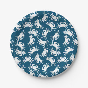 White and Blue Seamless Crab Pattern Paper Plate