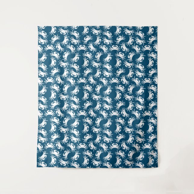 White and Blue Seamless Crab Pattern Tapestry (Front)