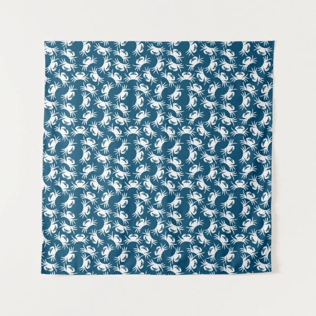 White and Blue Seamless Crab Pattern Tapestry (Front)