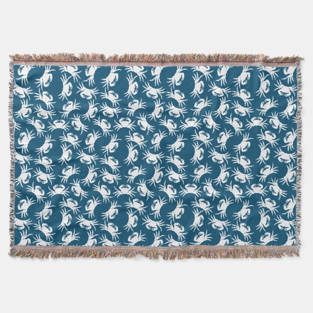 White and Blue Seamless Crab Pattern Throw Blanket (Front)