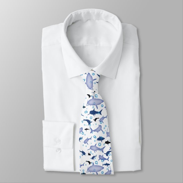 White and Blue Shark Pattern Tie (Tied)