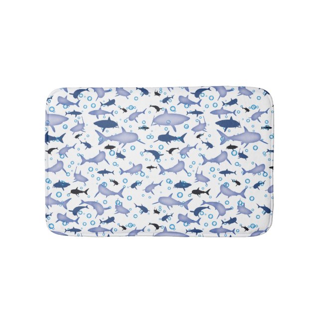 White and Blue Shark Silhouette Pattern Bath Mat (Front)