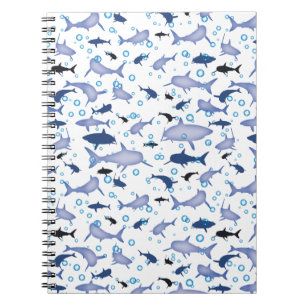 White and Blue Shark Silhouette Pattern Notebook