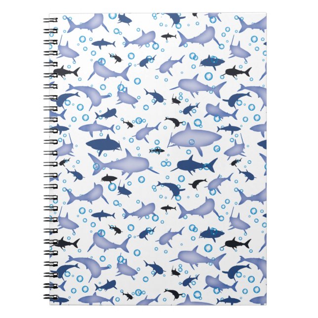 White and Blue Shark Silhouette Pattern Notebook (Front)