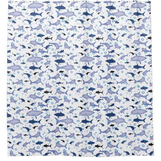White and Blue Shark Silhouette Pattern Shower Curtain (Front)