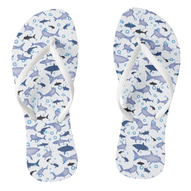 White and Blue Shark Silhouette Pattern Thongs (Footbed)