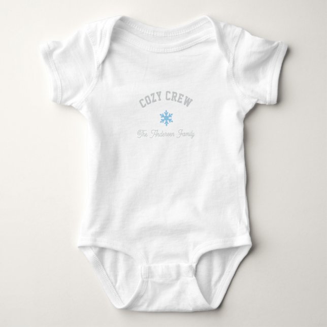 White and blue snowflake family sweatshirt baby bodysuit (Front)