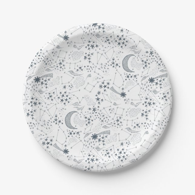White And Blue Starry Moon Pattern Paper Plate (Front)