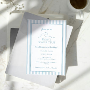 White and Blue Stripe Beach Club Cabana Birthday Invitation