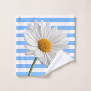 White and Blue Stripe Daisy  Bathroom Towel Sets