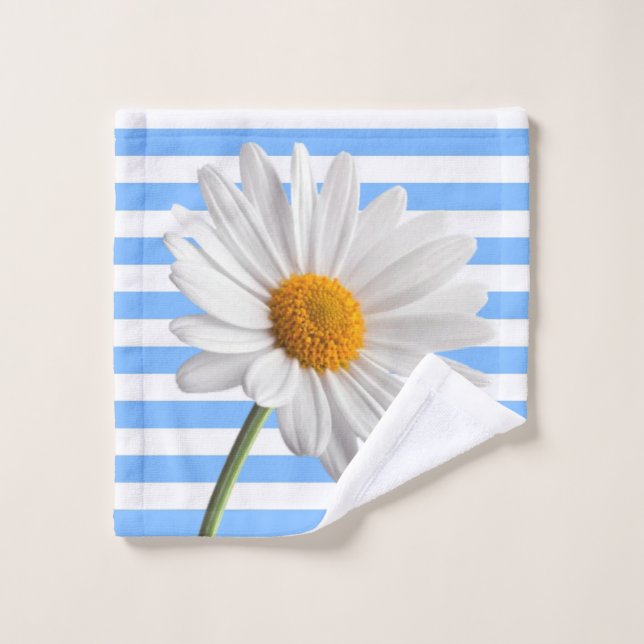 White and Blue Stripe Daisy  Bathroom Towel Sets (Wash Cloth)