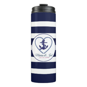 White And Blue Stripes And Anchor Thermal Tumbler