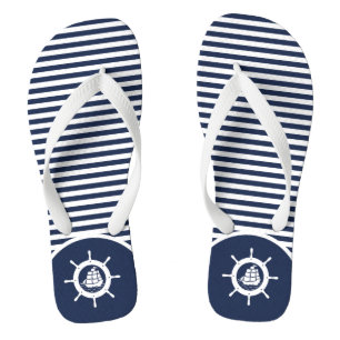 White And Blue Stripes & Nautical Boat Hweel Thongs