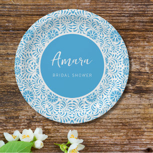 WHITE AND BLUE TALAVERA BRIDAL SHOWER PAPER PLATE