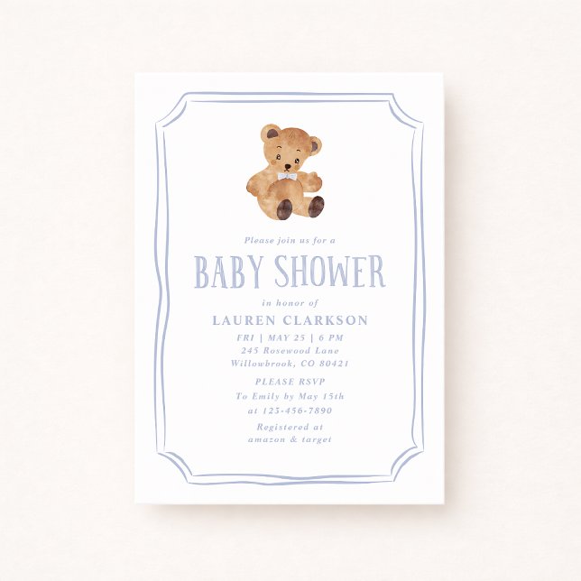 White and Blue Teddy Bear Baby Shower Invitation (Creator Uploaded)