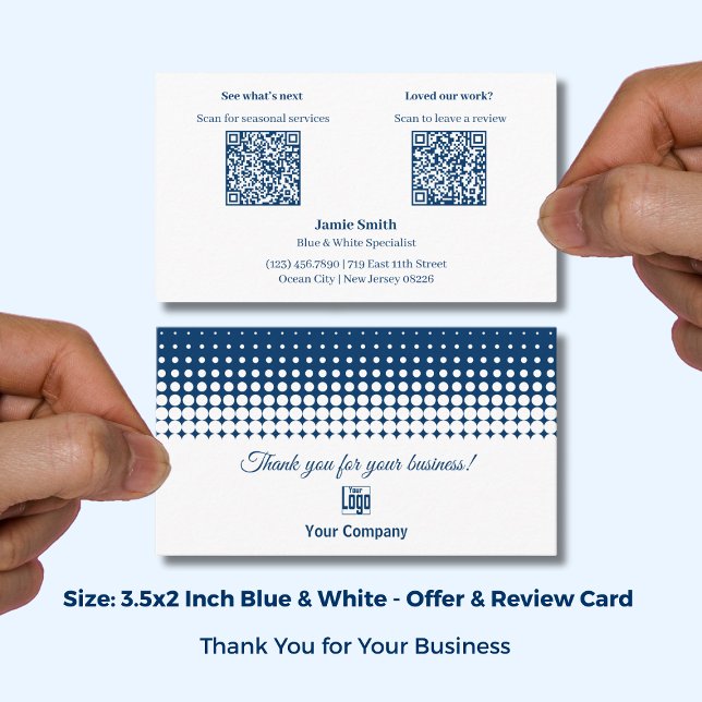 White and Blue - Thank You, Offer & Review Prompt Business Card (White and Blue - Thank You, Offer & Review Prompt Business Card with Logo; Size: 3.5x2 Inch)