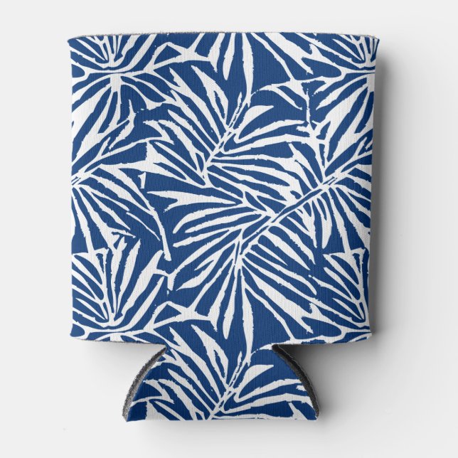 White And Blue Tropical Leaf Repeating Pattern Can Cooler (Front)