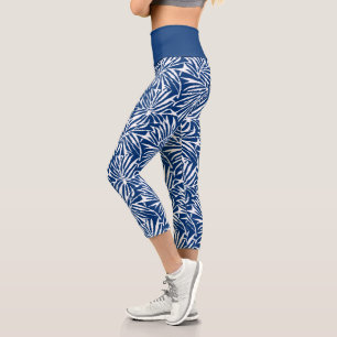 White And Blue Tropical Leaf Repeating Pattern Capri Leggings