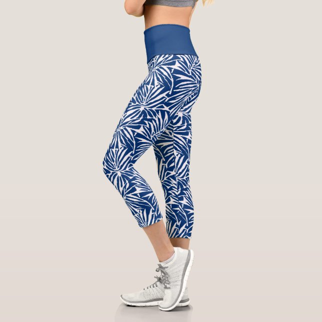 White And Blue Tropical Leaf Repeating Pattern Capri Leggings (Left)