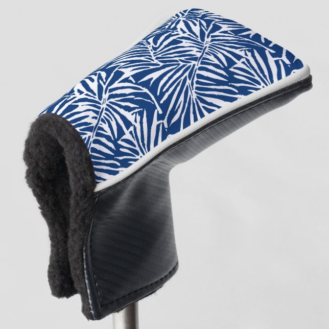 White And Blue Tropical Leaf Repeating Pattern Golf Head Cover (3/4 Front)