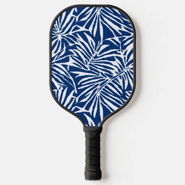White And Blue Tropical Leaf Repeating Pattern Pickleball Paddle (Front)