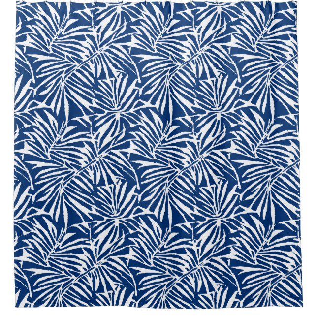 White And Blue Tropical Leaf Repeating Pattern Shower Curtain (Front)