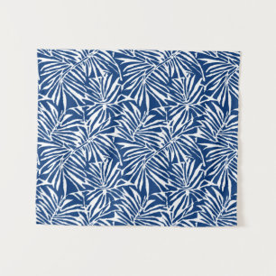 White And Blue Tropical Leaf Repeating Pattern Tapestry