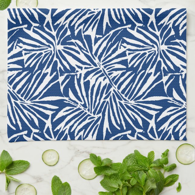 White And Blue Tropical Leaf Repeating Pattern Tea Towel (Folded)