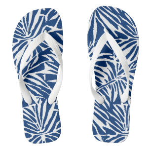 White And Blue Tropical Leaf Repeating Pattern Thongs