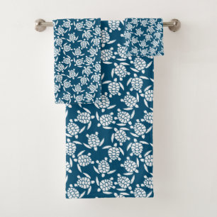 White and Blue Turtle Silhouette Pattern Bath Towel Set
