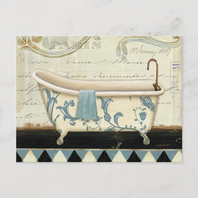 White and Blue Vintage Bath Tub Postcard (Front)