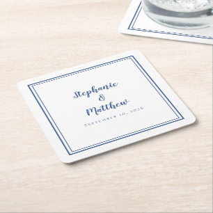 White and Blue Wedding Simple Modern Minimalist Square Paper Coaster