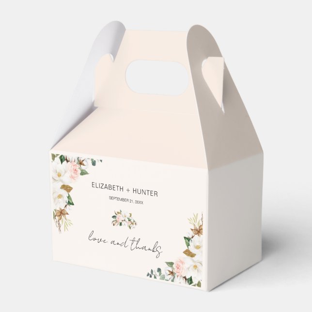 White and Blush Pink Magnolia Floral Wedding Favour Box (Front Side)