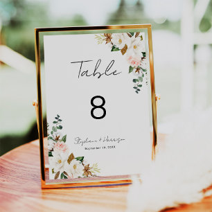 White and Blush Pink Magnolia Floral Wedding Table Number